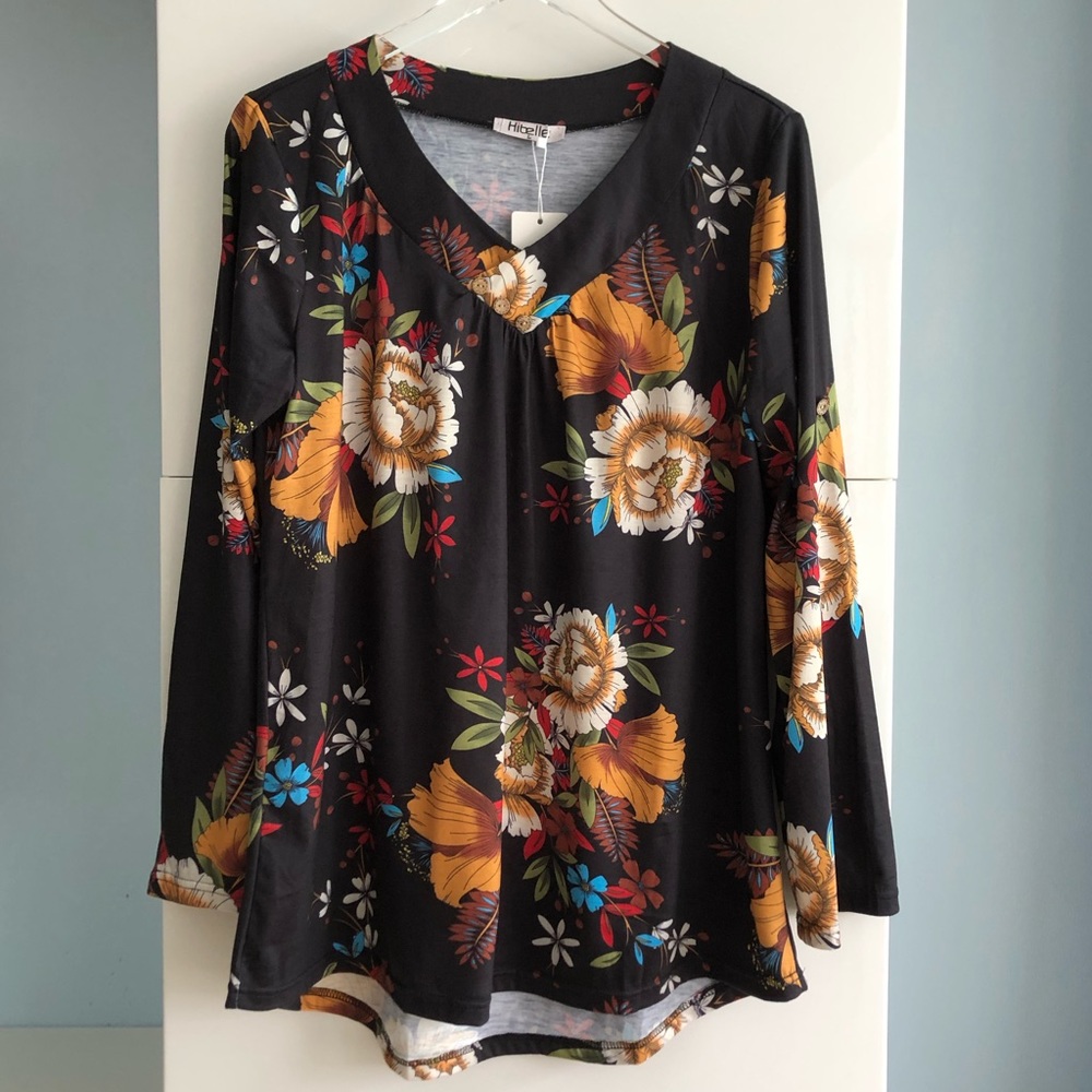 Hibelle Women’s Floral Hi-Low Tunic, long sleeves, Large